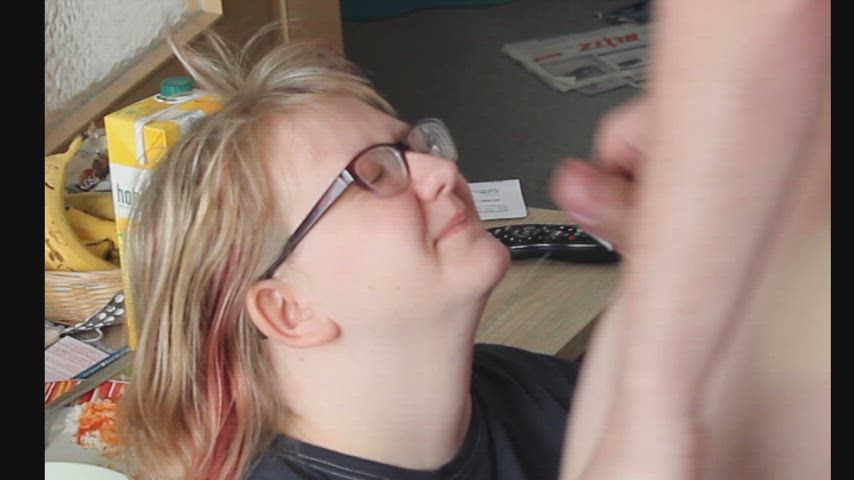 plastered her face and glasses in cum. thats what she has to look like all day!