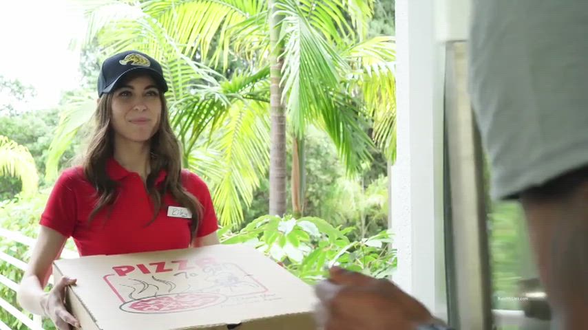 Riley Reid delivers pizza, recieves 2 extra large sausages in her vagina.