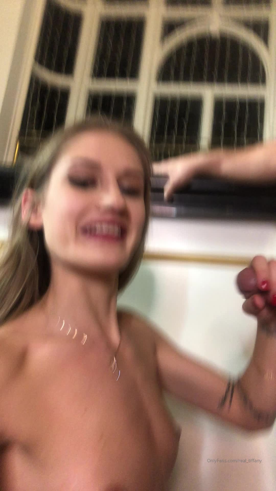 Jacking Off Her BF All Over Her Tits