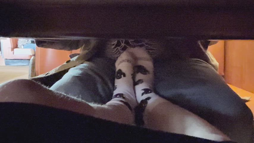 Getting him hard under the table at a diner with just my socks is SO fun [f]