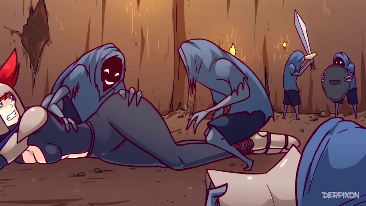Helpless defeated warrior gets violated by thieves