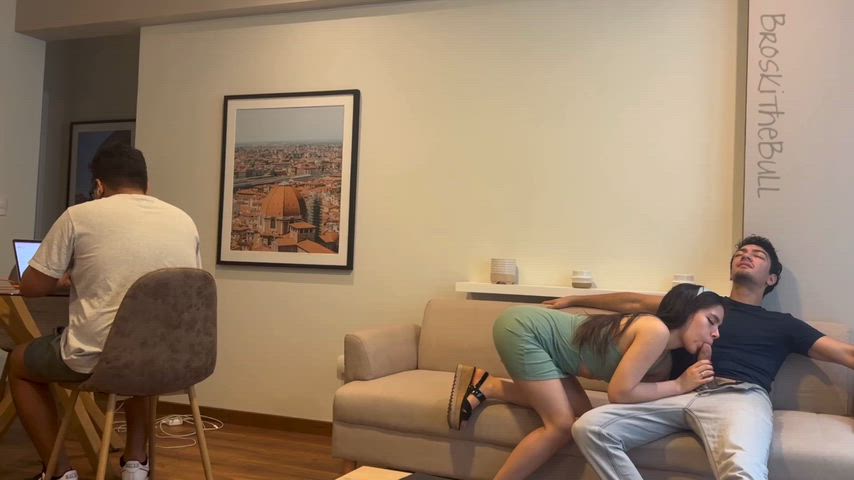 Writing my essay while his girlfriend sucks my dick