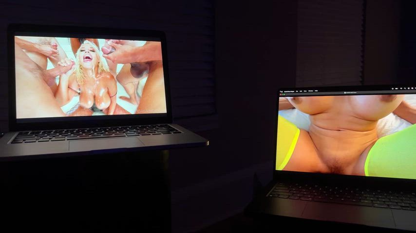 Gooning out to my own scene I shot with Caitlin Bell, Bridgette B’s blowbang, and Angela White taking multiple cocks 😈 Who wants to join me? 💦😉