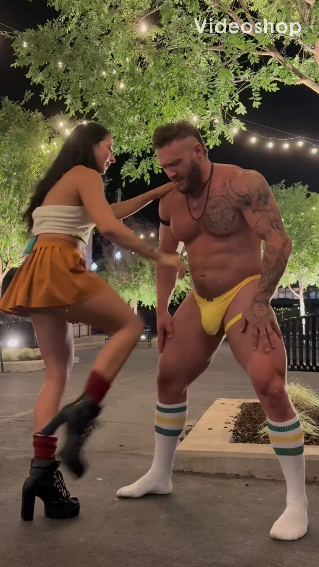 Public Ballbusting: Goddess Sofie cracks her stud’s spuds in the middle of downtown.