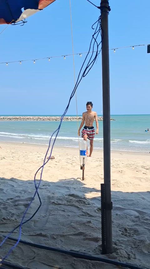 Met this guy at the beach during a holiday. I sneaked into the bathroom and asked to shower with him because there is only one room left. He nodded and smiled.