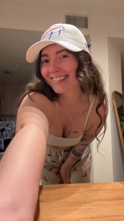 We lost so I have to strip. The hat stays on